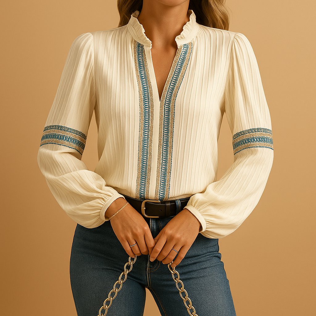 Women’s lace patchwork blouse with lantern sleeves and a relaxed fit, perfect for work, evenings out, or casual outfits.