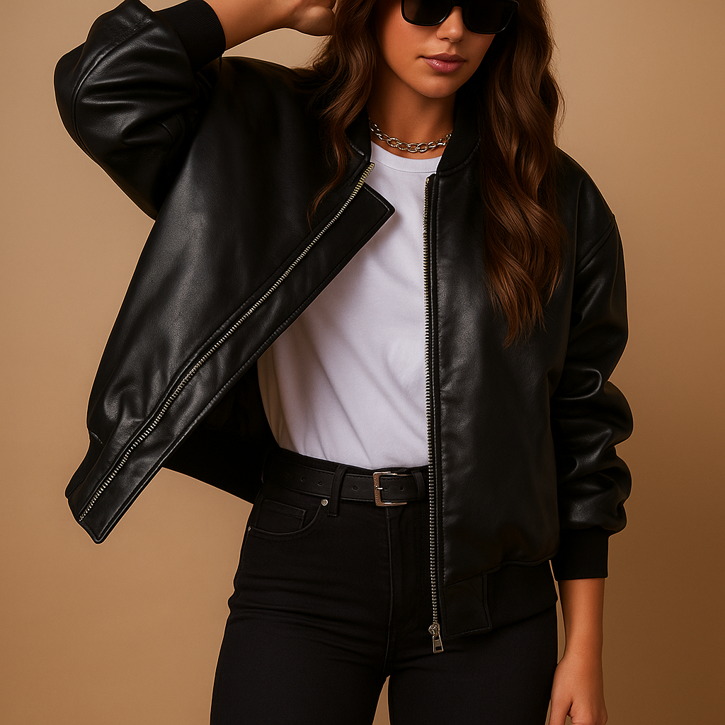 Woman wearing a long varsity style jacket for women with an extended silhouette and sporty baseball details, styled for citywear and winter outfits.