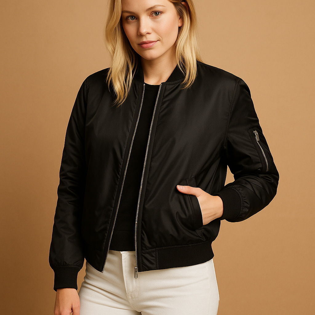 Lightweight bomber jacket for women with front zipper, breathable fabric, and side pockets, available in black, green, and red for summer wear.