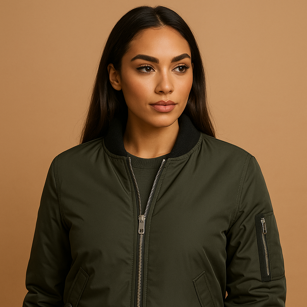 Lightweight bomber jacket for women with front zipper, breathable fabric, and side pockets, available in black, green, and red for summer wear.