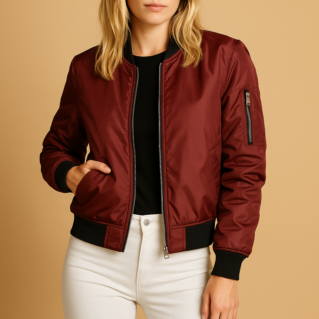 Lightweight bomber jacket for women with front zipper, breathable fabric, and side pockets, available in black, green, and red for summer wear.