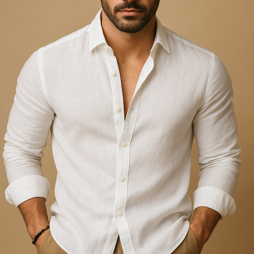 Lightweight breathable summer dress shirt for men with a comfortable airy fit, ideal for warm days, business wear, and casual outfits.