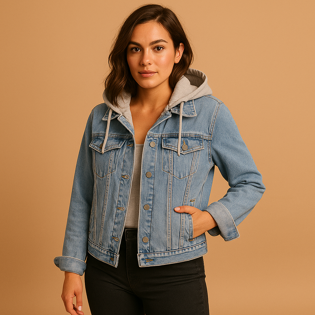 Women’s lightweight denim jacket with hood in a classic casual style, ideal for summer days, cool evenings, and versatile everyday outfits.