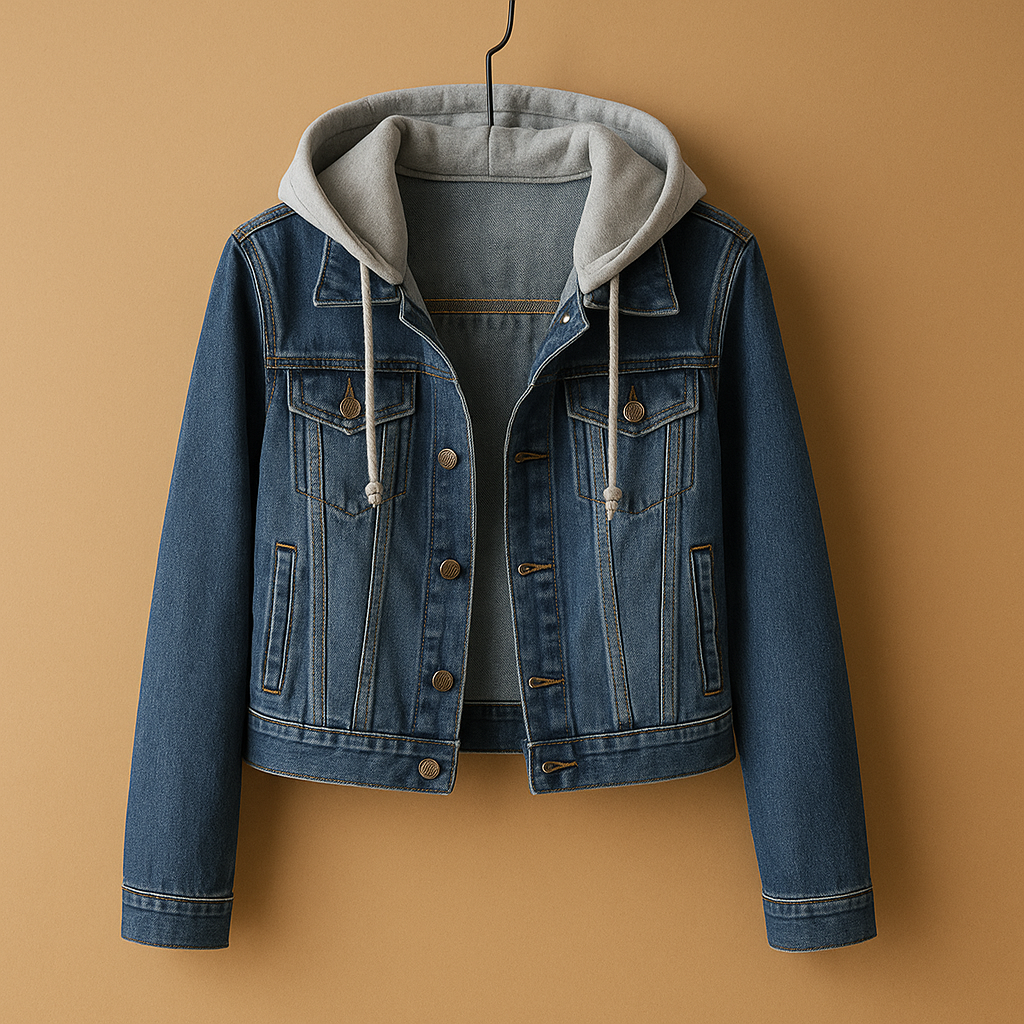 Women’s lightweight denim jacket with hood in a classic casual style, ideal for summer days, cool evenings, and versatile everyday outfits.