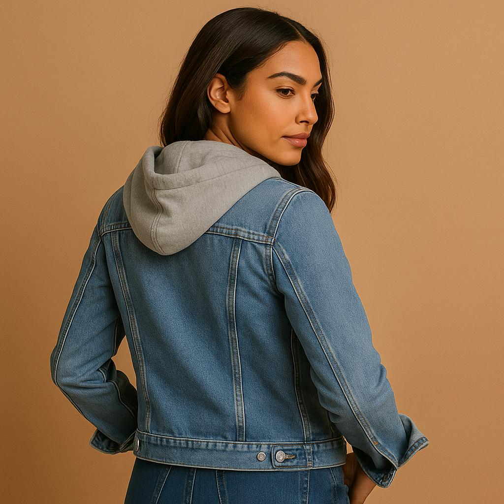 Women’s lightweight denim jacket with hood in a classic casual style, ideal for summer days, cool evenings, and versatile everyday outfits.