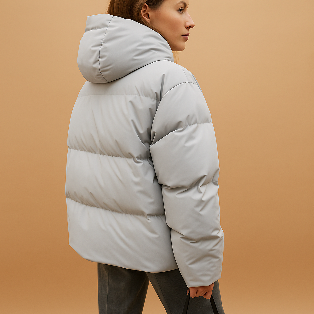Woman wearing a lightweight padded hooded jacket with a flattering fit, water-repellent finish, and bomber-style design, ideal for casual winter outings.