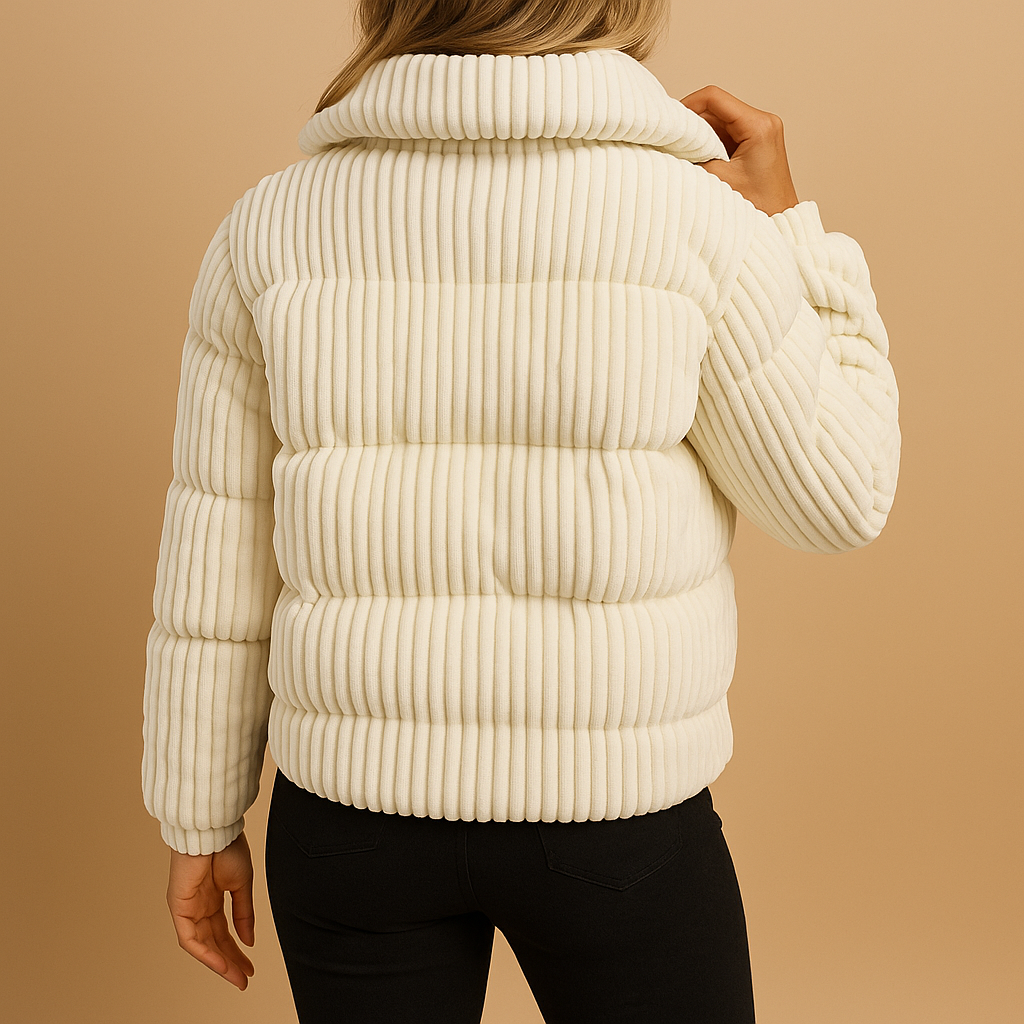 Woman wearing a lightweight puffer jacket with insulated fill, water-repellent exterior and tailored short fit, ideal for stylish winter comfort.