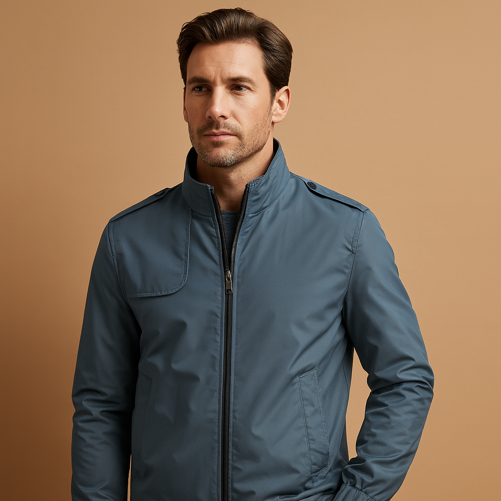 Men’s lightweight summer jacket with a stand collar and practical pockets, suitable for daily wear, city strolls, and evening outings.