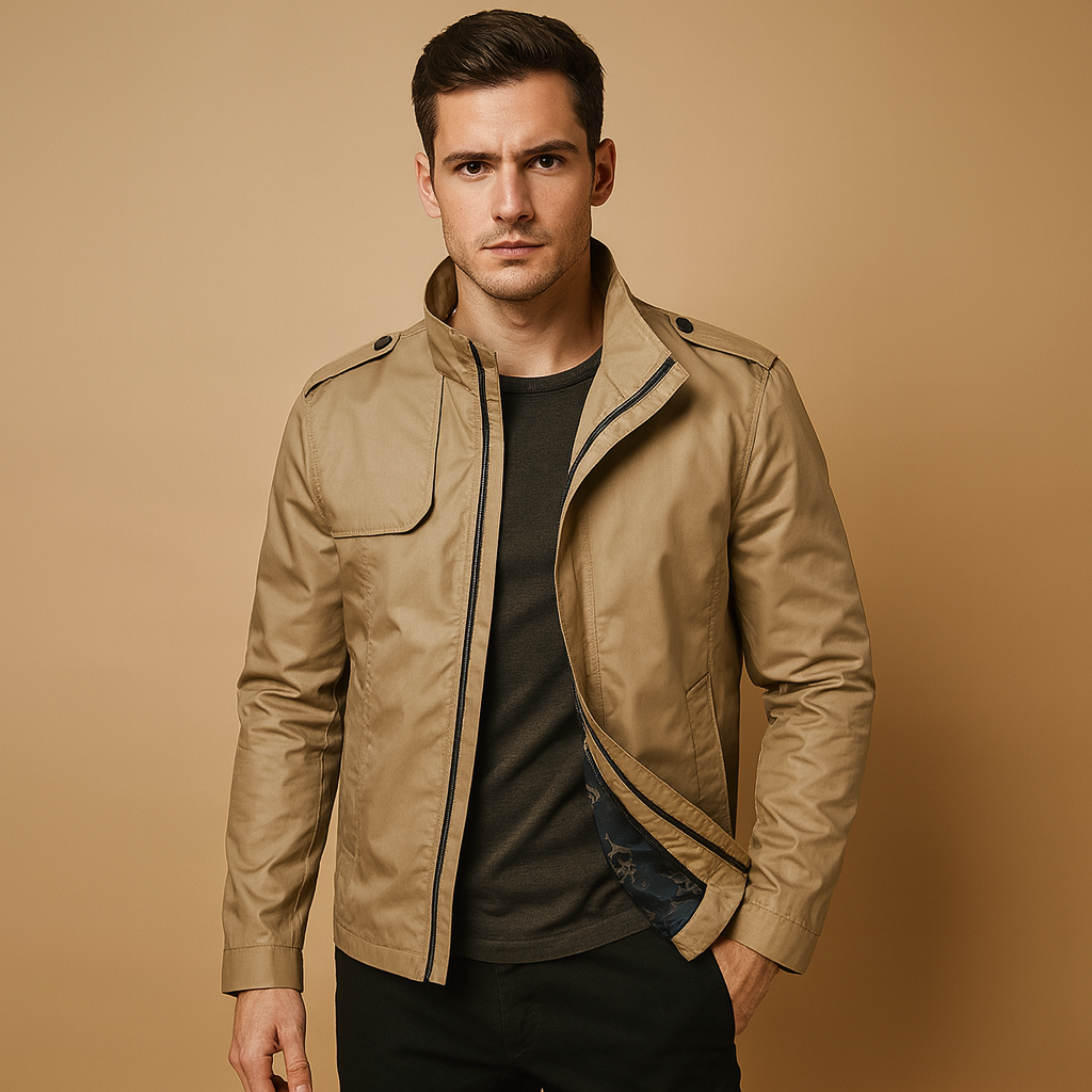 Men’s lightweight summer jacket with a stand collar and practical pockets, suitable for daily wear, city strolls, and evening outings.