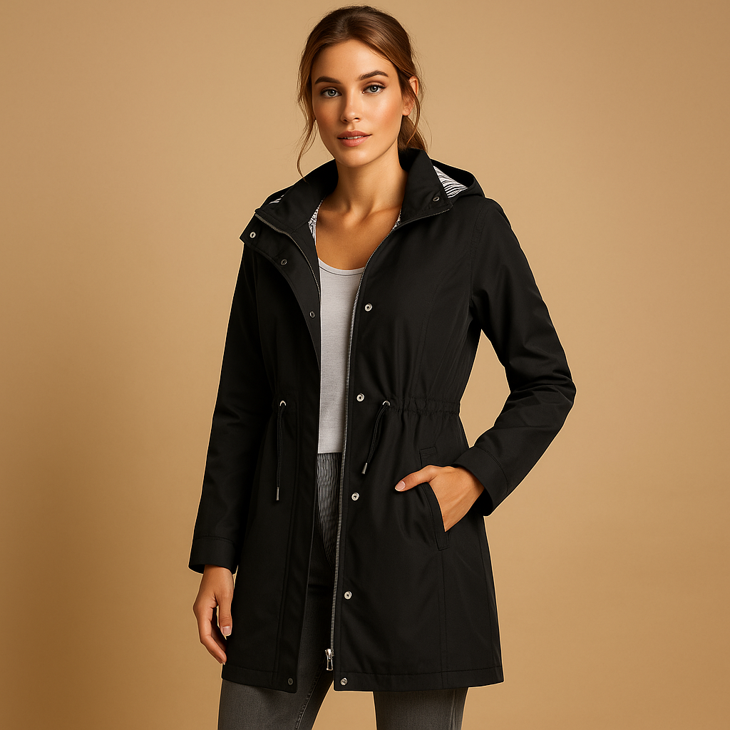 Woman wearing a lightweight windbreaker jacket with adjustable waist, detachable hood, and water-repellent exterior, ideal for daily and outdoor use.