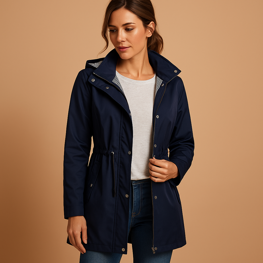 Woman wearing a lightweight windbreaker jacket with adjustable waist, detachable hood, and water-repellent exterior, ideal for daily and outdoor use.