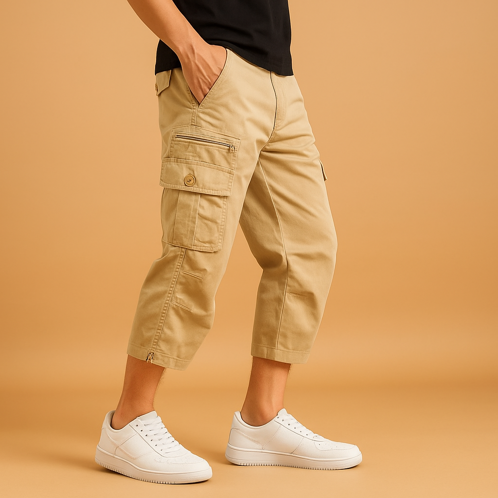 Men’s long cargo shorts with multiple pockets, ideal for outdoor activities, travel, and casual summer outfits.