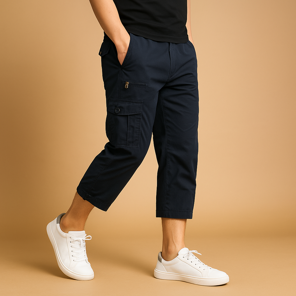 Men’s long cargo shorts with multiple pockets, ideal for outdoor activities, travel, and casual summer outfits.
