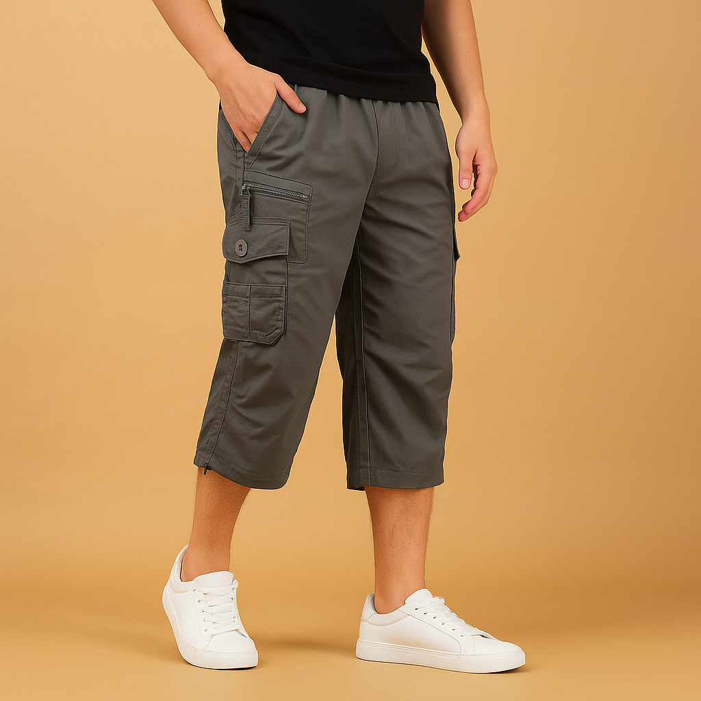 Men’s long cargo shorts with multiple pockets, ideal for outdoor activities, travel, and casual summer outfits.