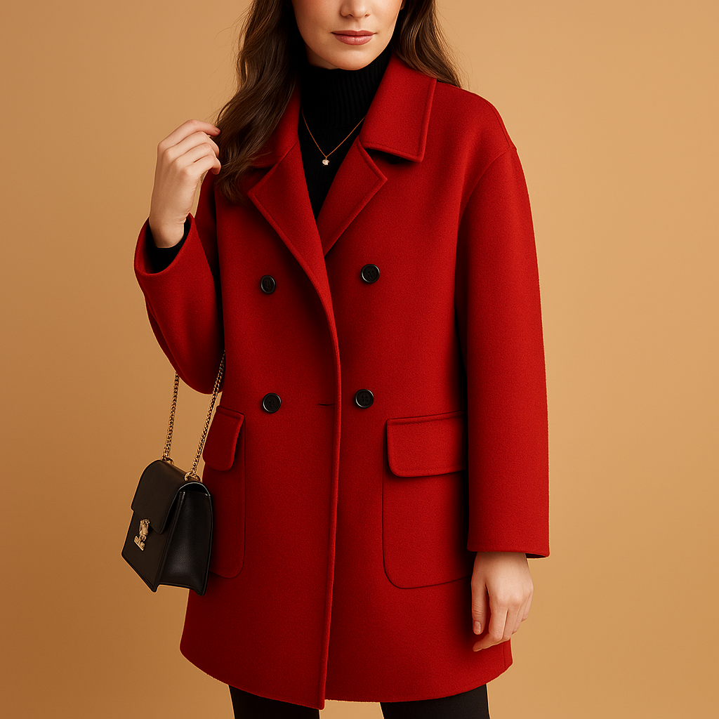 Woman wearing a long elegant coat with a relaxed feminine silhouette and minimalist design, suitable for multiple seasons.