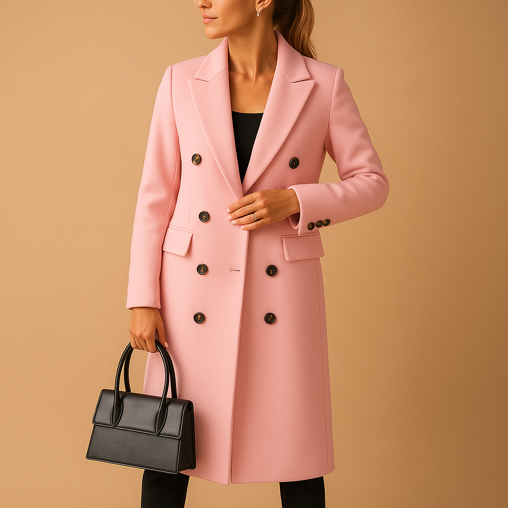 Women’s long winter coat with soft lining and a modern tailored silhouette, ideal for everyday wear and formal winter occasions.