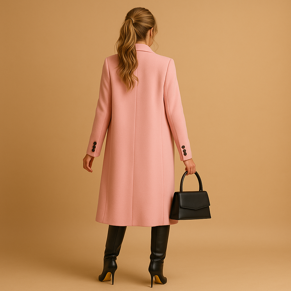 Women’s long winter coat with soft lining and a modern tailored silhouette, ideal for everyday wear and formal winter occasions.