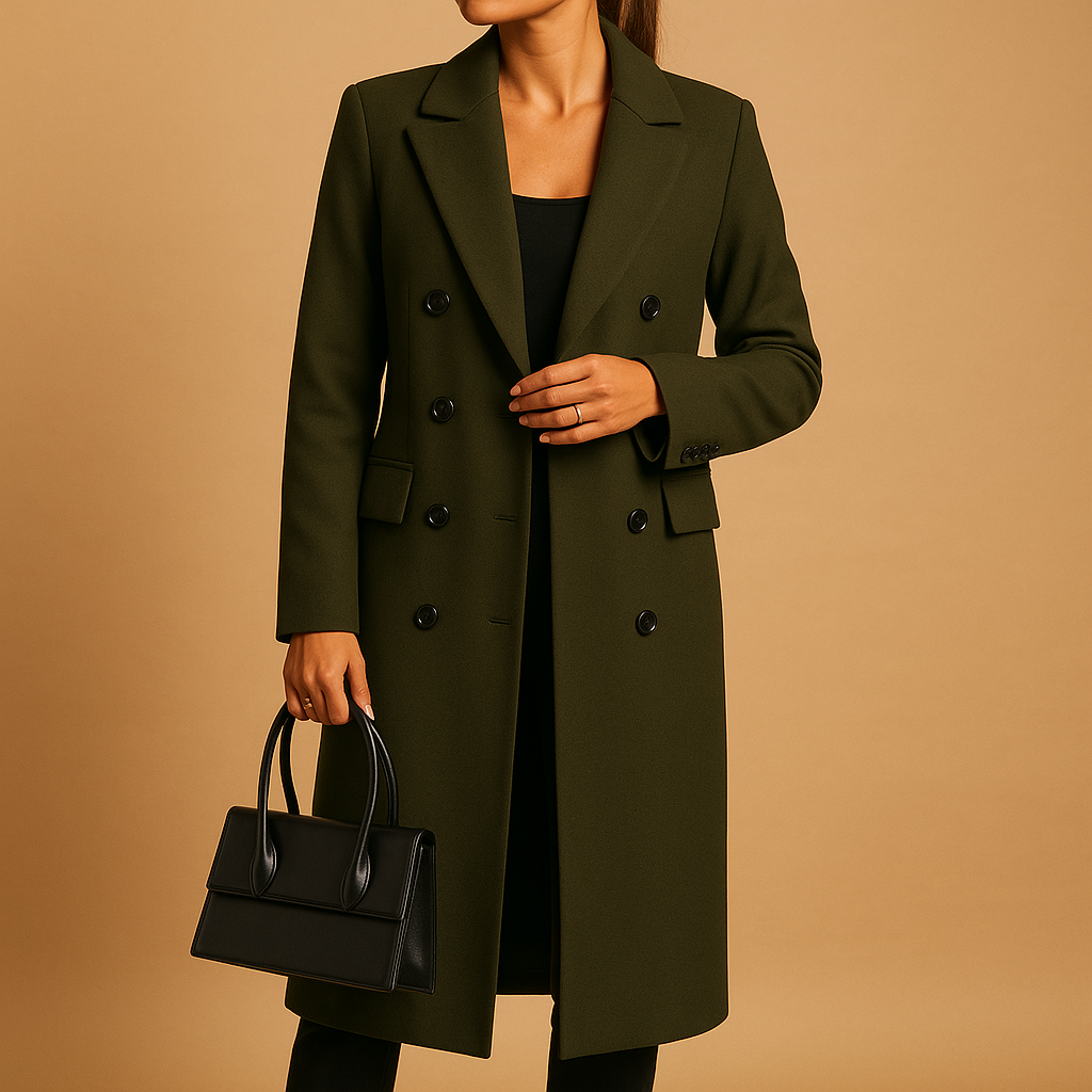 Women’s long winter coat with soft lining and a modern tailored silhouette, ideal for everyday wear and formal winter occasions.