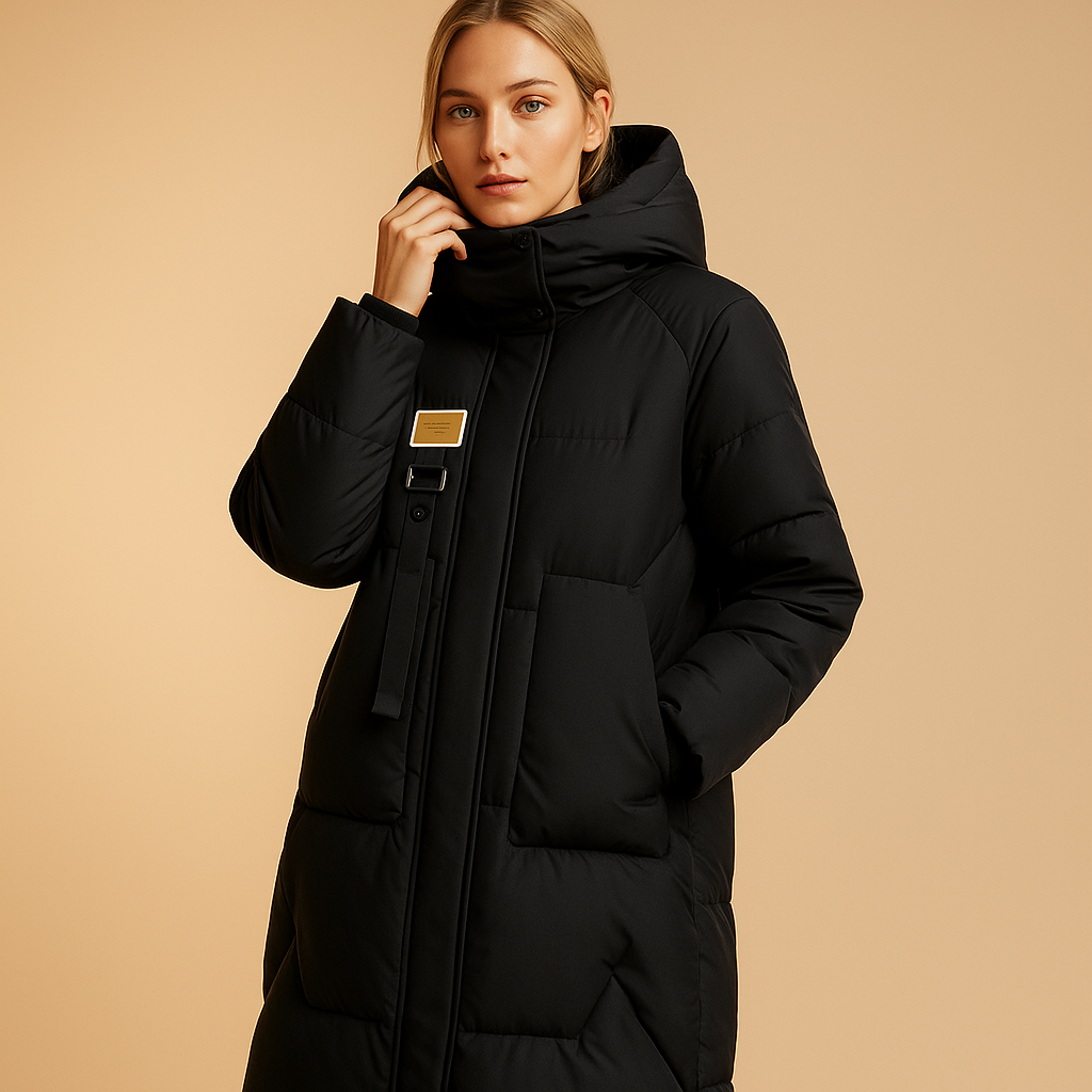 Woman wearing a long elegant winter coat with a tailored fit, warm lining, and side pockets, suitable for cold days, city walks, and daily outfits.