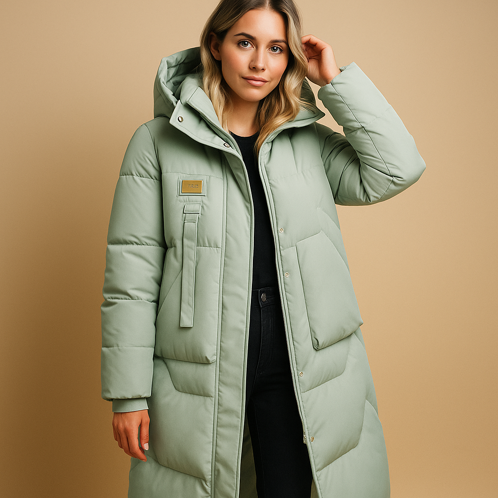 Woman wearing a long elegant winter coat with a tailored fit, warm lining, and side pockets, suitable for cold days, city walks, and daily outfits.