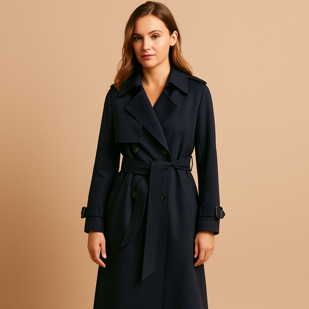 Women’s long elegant winter coat with a tailored silhouette, structured shoulders, and double-breasted closure, ideal for formal and everyday winter wear.