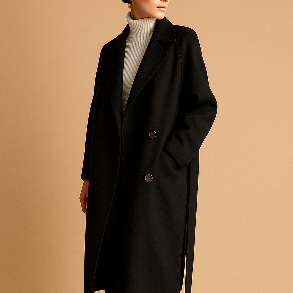 Woman wearing a long elegant winter coat with a tailored fit, ideal for formal occasions and warm daily winter outfits.