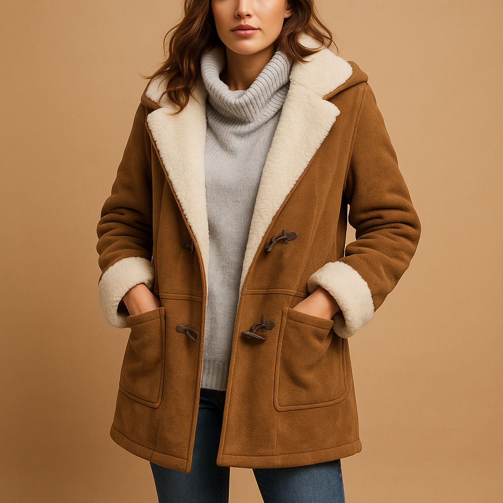 Women’s long hooded winter coat with insulating fabric and modern fit, ideal for cold-weather casual or dressed-up outfits.