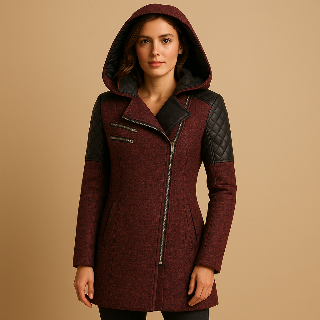 Women’s long insulated winter coat with hood and modern silhouette, designed for warmth and elegant winter styling.