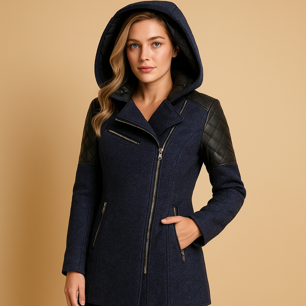 Women’s long insulated winter coat with hood and modern silhouette, designed for warmth and elegant winter styling.