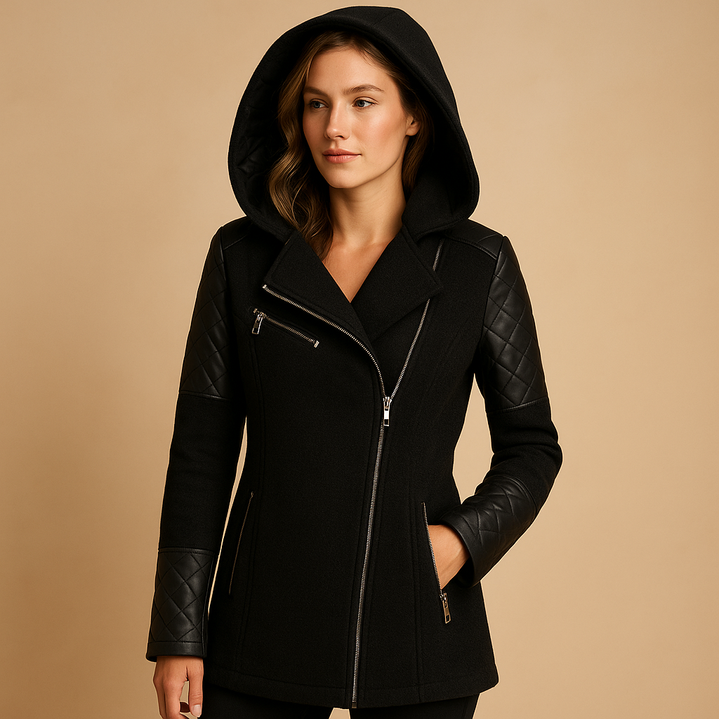 Women’s long insulated winter coat with hood and modern silhouette, designed for warmth and elegant winter styling.