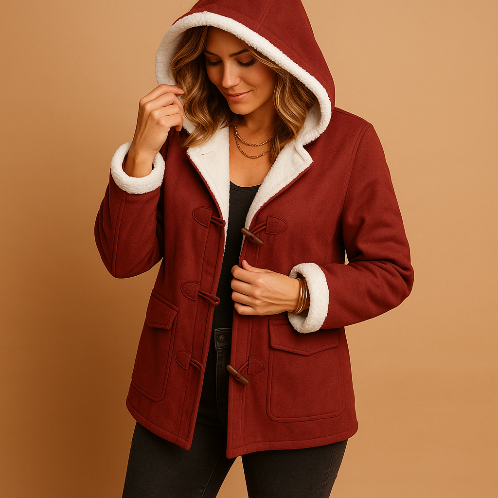 Woman wearing a long insulated winter jacket with adjustable hood, thick lining and wind-repellent exterior, ideal for cold and windy winter weather.