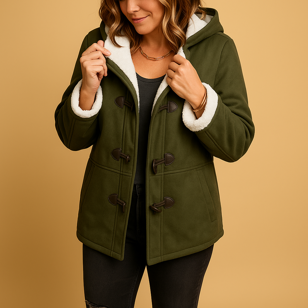 Woman wearing a long insulated winter jacket with adjustable hood, thick lining and wind-repellent exterior, ideal for cold and windy winter weather.