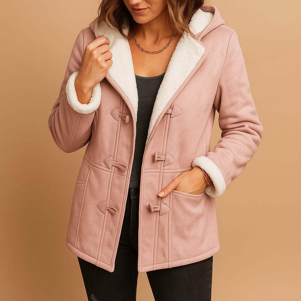 Woman wearing a long insulated winter jacket with adjustable hood, thick lining and wind-repellent exterior, ideal for cold and windy winter weather.