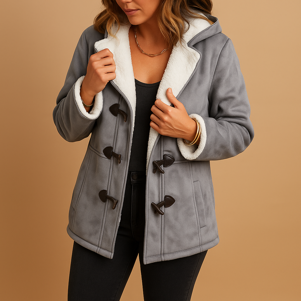 Woman wearing a long insulated winter jacket with adjustable hood, thick lining and wind-repellent exterior, ideal for cold and windy winter weather.