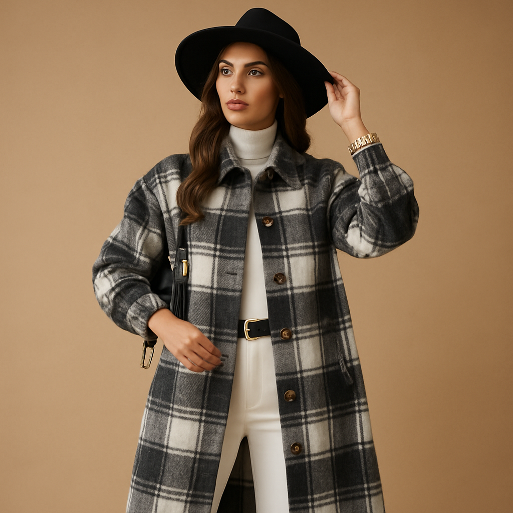 Women’s long plaid wool-look coat with tailored fit, classic lapels, and warm design for stylish everyday or formal wear.
