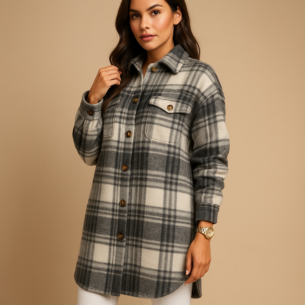 Women’s long plaid wool-look coat with tailored fit, classic lapels, and warm design for stylish everyday or formal wear.