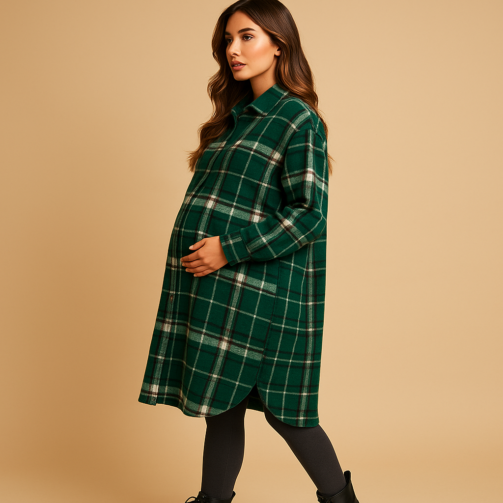 Women’s long plaid wool-look coat with tailored fit, classic lapels, and warm design for stylish everyday or formal wear.