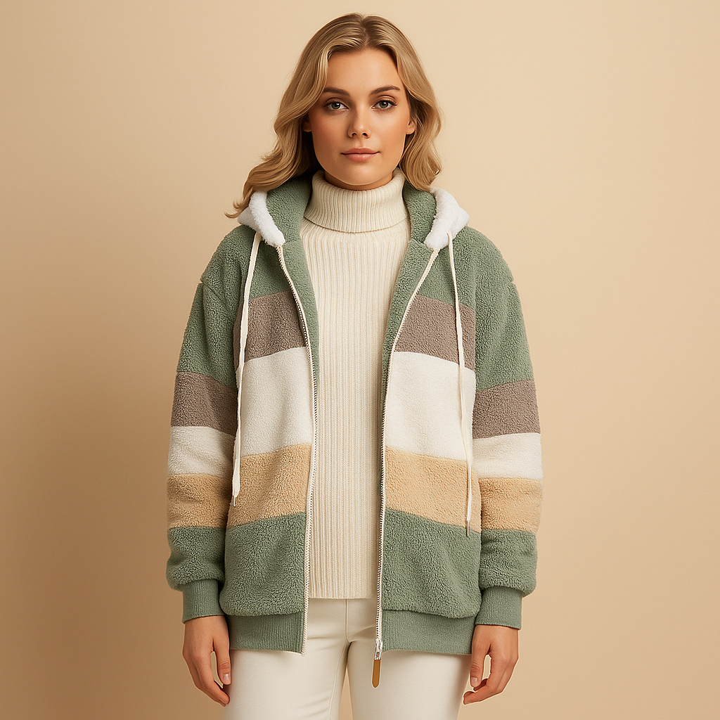 Women’s long plush winter coat with relaxed fit and soft warm fabric, ideal for cold weather and elegant winter outfits.