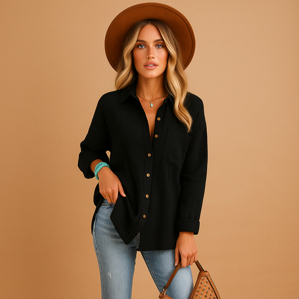 Women’s long sleeve polo shirt with breathable cotton blend, classic collar, and comfortable loose fit for everyday wear.