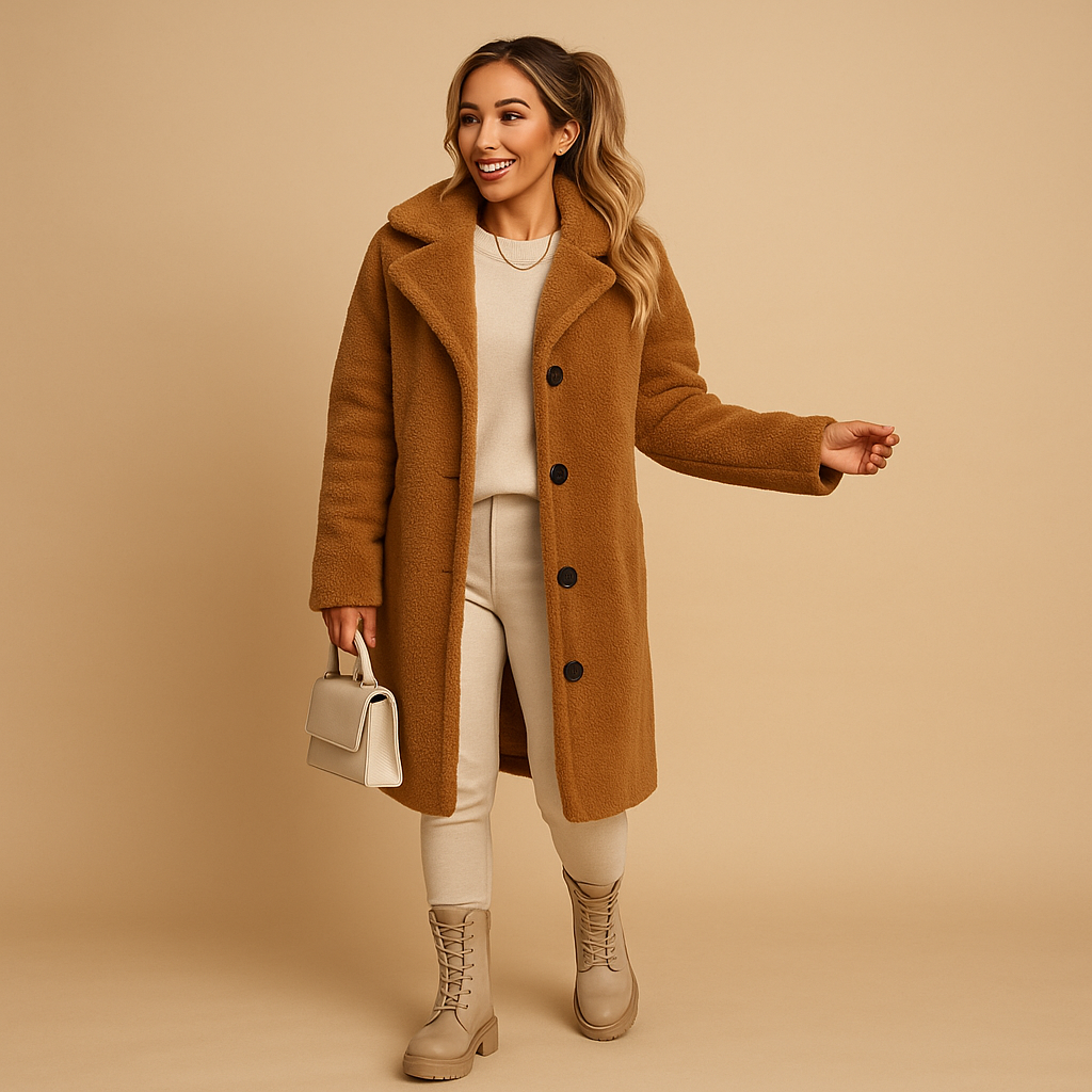 Woman wearing a long beige teddy coat with a relaxed fit and elegant silhouette, ideal for warm and stylish winter outfits.