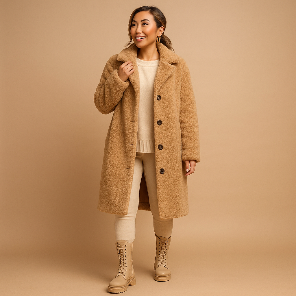 Woman wearing a long beige teddy coat with a relaxed fit and elegant silhouette, ideal for warm and stylish winter outfits.