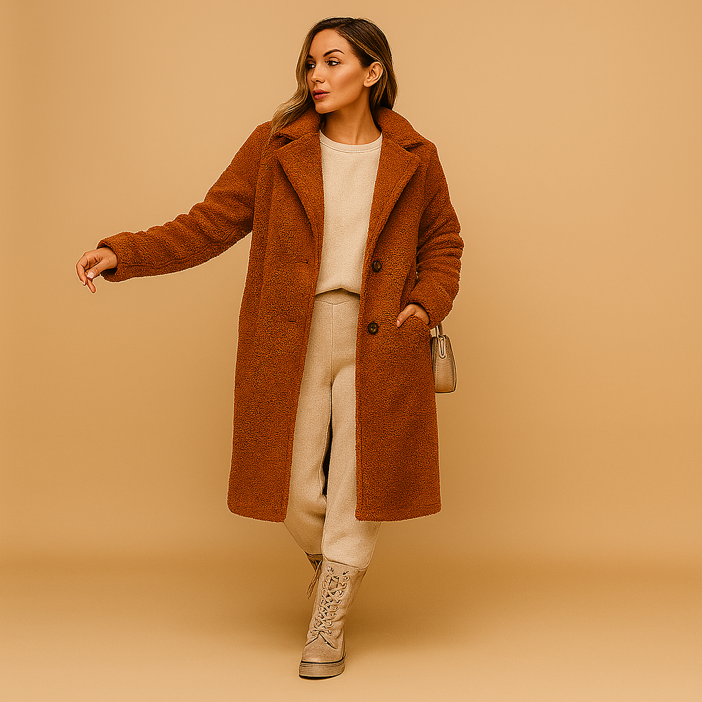 Woman wearing a long beige teddy coat with a relaxed fit and elegant silhouette, ideal for warm and stylish winter outfits.