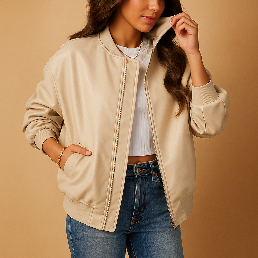 Woman wearing a long varsity style jacket for women with an extended silhouette and sporty baseball details, styled for citywear and winter outfits.