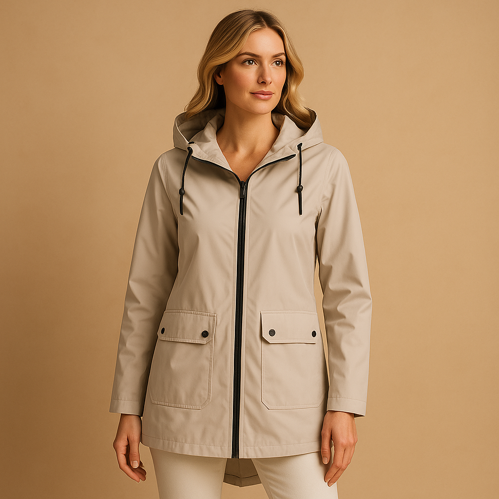 Women’s long waterproof raincoat with hood, breathable fabric, and lightweight design for stylish everyday rain protection.