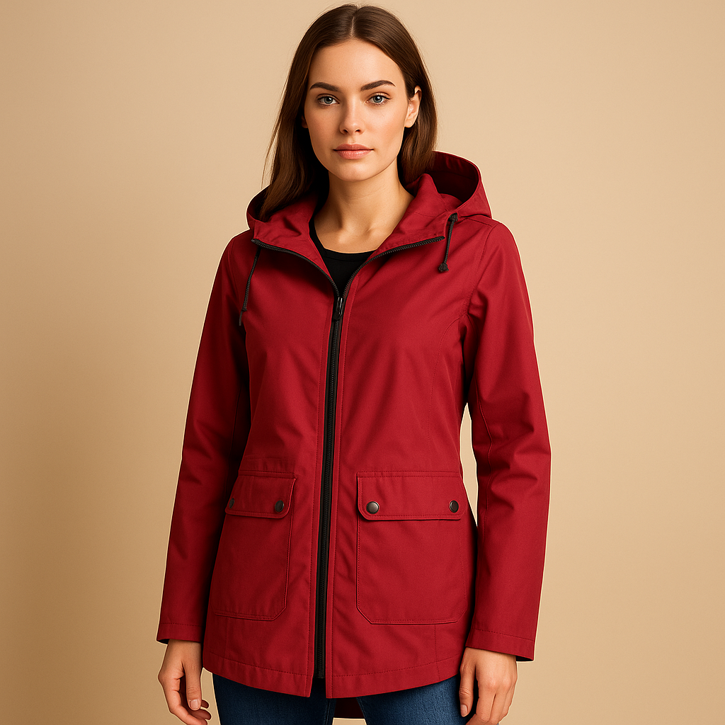 Women’s long waterproof raincoat with hood, breathable fabric, and lightweight design for stylish everyday rain protection.