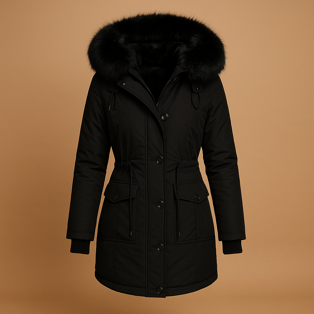 Woman wearing a long waterproof winter coat with faux-fur collar, extended silhouette, and insulated design for cold and wet winter days.