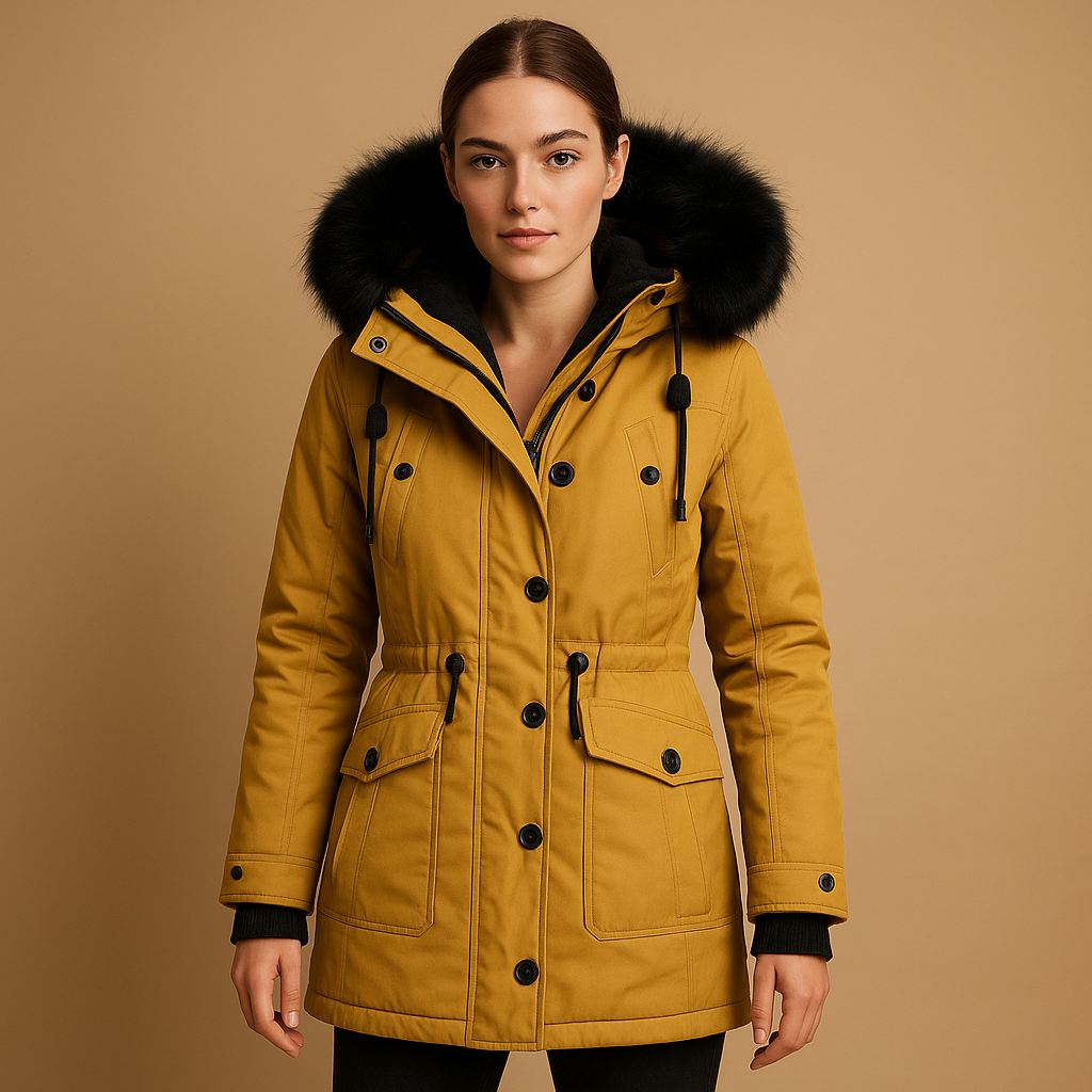 Woman wearing a long waterproof winter coat with faux-fur collar, extended silhouette, and insulated design for cold and wet winter days.