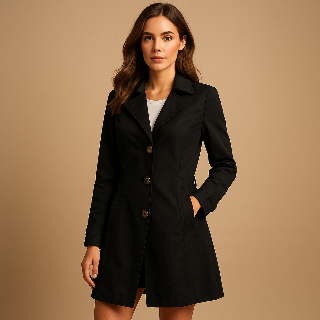 Woman wearing a long windproof raincoat with adjustable waist and hood, made from weather-resistant fabric, ideal for rainy and windy days.