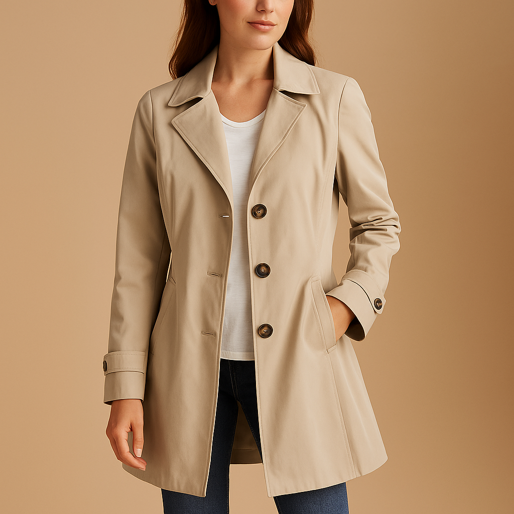Woman wearing a long windproof raincoat with adjustable waist and hood, made from weather-resistant fabric, ideal for rainy and windy days.