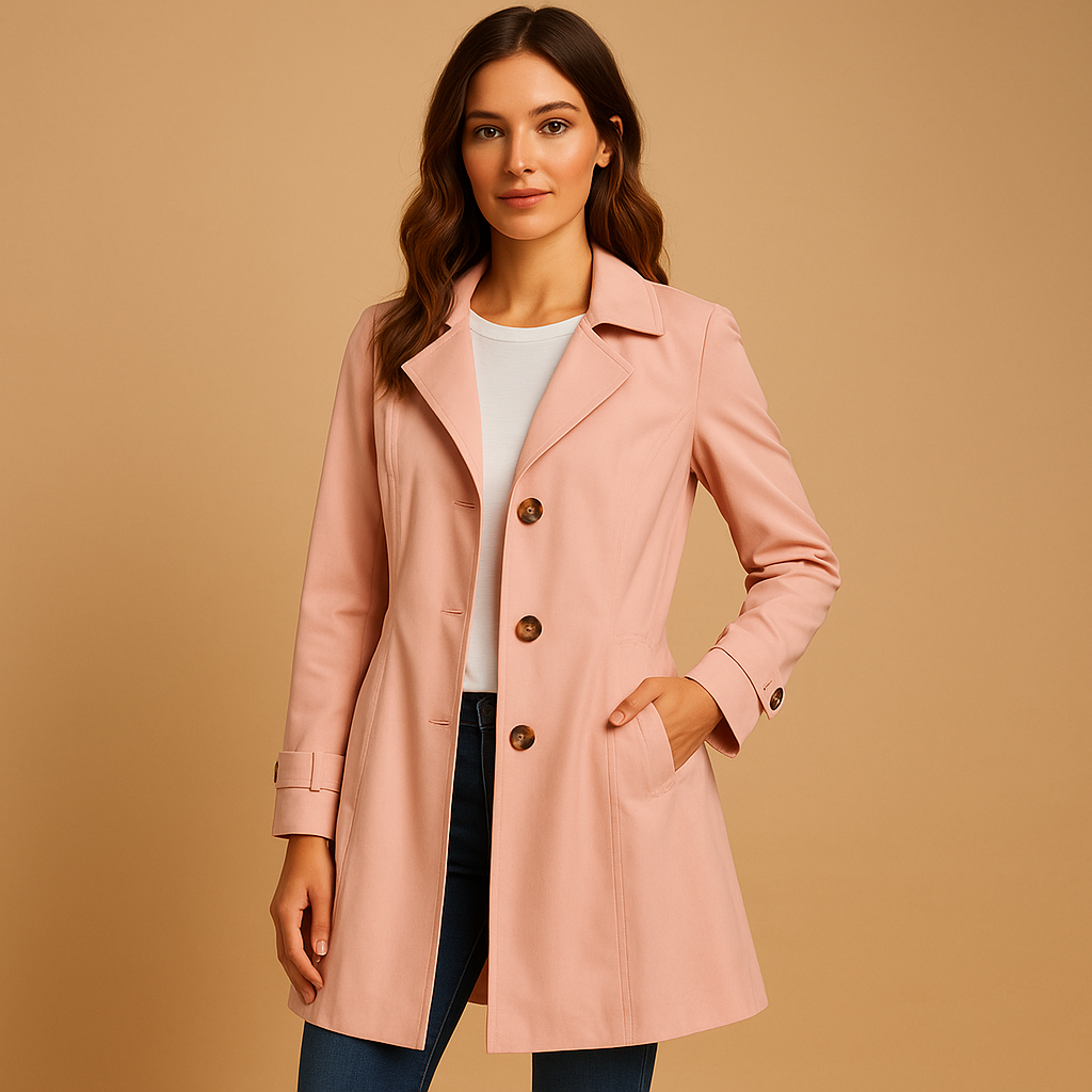 Woman wearing a long windproof raincoat with adjustable waist and hood, made from weather-resistant fabric, ideal for rainy and windy days.